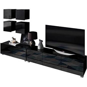 Conjunto de salón Providence B130, Aglomerado laminado, Negro brillante, Con mesa de TV y estanterías adicionales, 250 x 43 cm