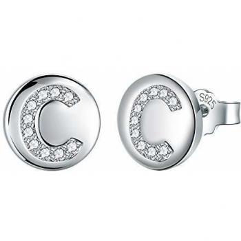 J.Endéar Pendientes Letra inicial C Niñas Mujer Plata de ley 925 con circonita cúbica Disco redondo Joyas, Tamaño pequeño