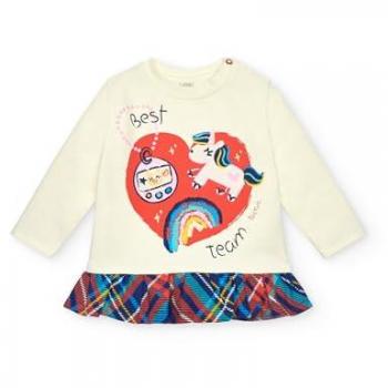 Camiseta de bebé niña Beige con ilustración divertida y volantes colección Big Brains (Talla 1 año)