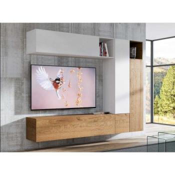 Módulo TV suspendido de pared diseño blanco y natural Lina L 254 cm - 7 piezas