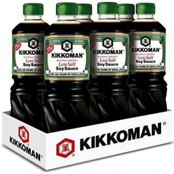 Kikkoman - Salsa De Soja Con Menos Sal, Fermentación Natural, Para Dietas Bajas En Sal, 6 Uds X 1000ml, 6000 ml - Pack de 6