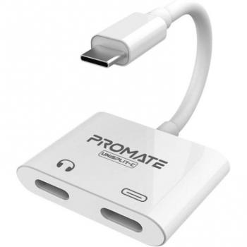Adaptador/Cargador USB-C Promate UniSplit-C a 2xUSB-C Blanco con Audio y Power Delivery 15W