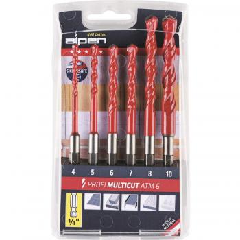 Juego de brocas universales de carburo ALPEN 100802100 (1/4 pulgadas, vástago hexagonal de 4 a 10 mm, 6 unidades), color plateado