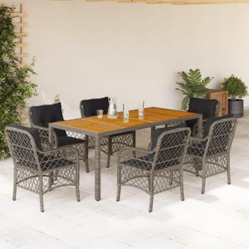 Set de Comedor de Jardín 7 Piezas con Cojines de Polyrattan Gris