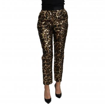 Gold Brown Leopard Sequined High Waist Pants - Dolce & Gabbana, Slim-fit Trousers, female, Yellow, Size: XS