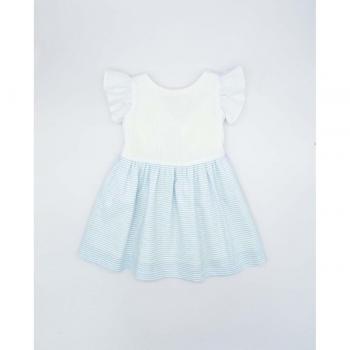 Vestido de niña con cuerpo blanco, volantes y falda de rayas