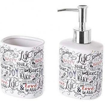 Conjunto de dispensador y portacepillos de baño de cerámica Moderno Blanco - LOLAhome