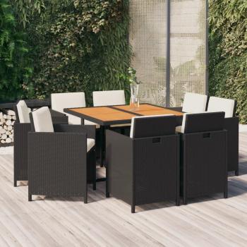 Set de comedor de jardín 9 piezas con almohadas negras en Polyrattan