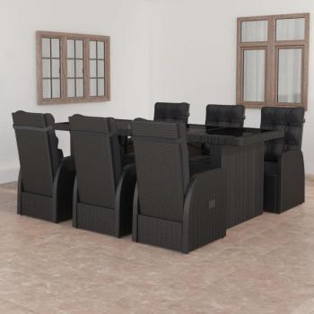 7-Piece Black Poly Rattan Outdoor Dining Set with Cushions
