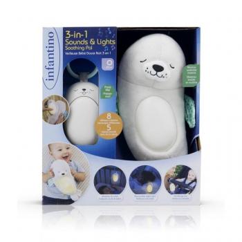 Peluche musical foca 3 en 1 Infantino con lámpara de noche, color gris, luz nocturna y melodía para bebé