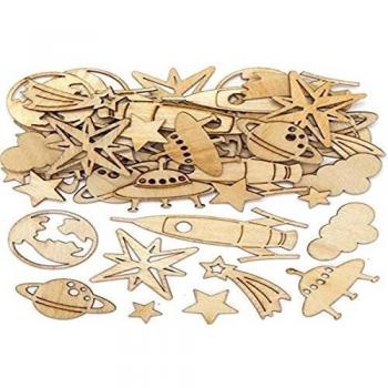 Baker Ross AX318 Decoraciones De Madera Con Forma De Espacio Profundo - Paquete De 45, Suministros Para Hacer Tarjetas, Ideal Para Proyectos De Manualidades Para Niños