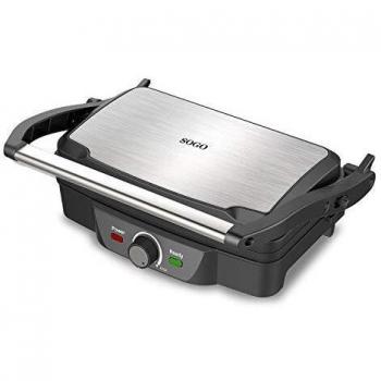 SOGO SS-7127 Parilla electrica, sandwichera y panini grill, con acabado Antiadherente de piedra y apertura 180º, con regulador de temperatura, 1600 Vatios de potencia Color gris metálico y negro