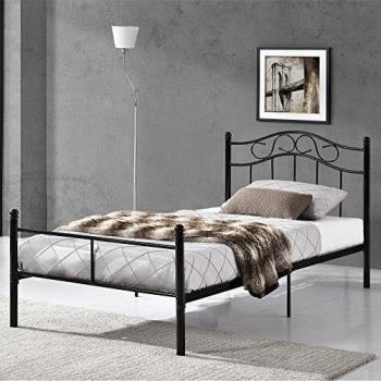 Cama Individual de Metal Negra con Cabecero Curvado y Somier 90x200 cm