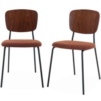 Sillas Bouclette Terracota - Lote de 2, Asiento con Textura de Terracota, Respaldo Curvado de Madera de Álamo, Patas de Metal Negro Mate