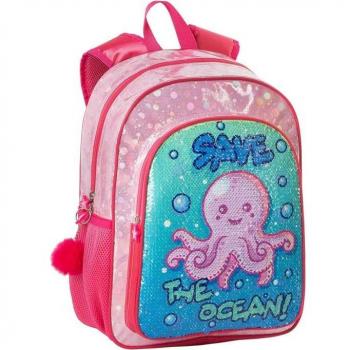 Mochila Primaria Save the Ocean Adaptable a Carro con Lentejuelas Reversibles, Doble Compartimento y 3 Bolsillos con Accesorio Pom-Pom