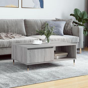 Mesa de centro de madera de ingeniería 90x60x35 cm en color blanco, negro y gris Sonoma, diseño brillante, apta para salón o comedor