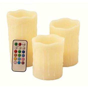 Frostfire 6008 - Juego de 3 velas artificiales con cambio de color, aroma a vainilla y mando a distancia , 10, 12 y 15 cm