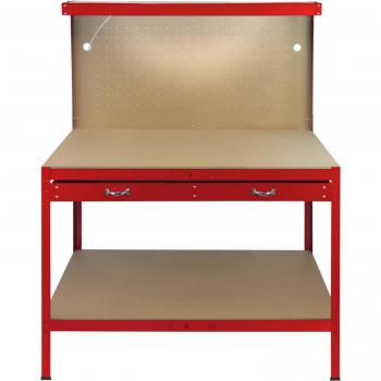 Banco de Trabajo Multifuncional con Tablero Perforado, Cajón y Luz LED - Rojo