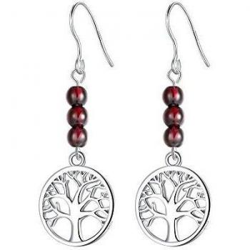 J.Endéar Pendientes para Mujer Árbol de la vida, Pendientes Plata 925 con Granate Para Mujer, Caja de Regalo de Marca