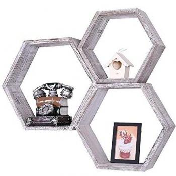 Comfify Estantes Flotantes Hexagonales Montados en Pared Rústicos Blancos - Juego de 3 - Grandes, Medianos y Pequeños - Estantes para Recámaras, Salones y más - Decoración de Pared de Panal de Abeja