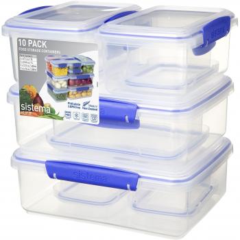 Sistema KLIP IT recipientes para guardar alimentos | 2 l, 1 l, 400 ml y 200 ml | Fiambreras con tapas apilables, herméticas y aptas para el frigorífico y el congelador | Sin BPA | 10 unidades