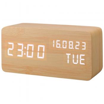 Despertador Digital, Leeron Reloj Digital de Madera con 3 Alarmas Programables, con Control de Sonido Inteligente y LED Brillo de Pantalla de Hora Fecha Semana Temperatura