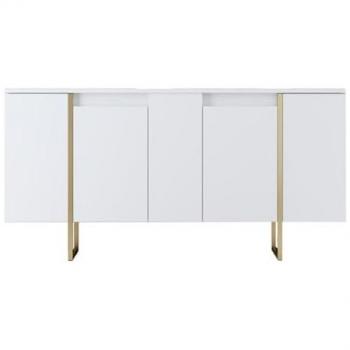 Aparador de lujo 4 puertas con estantes L160 cm - Diseño contemporáneo en metal dorado y madera blanca