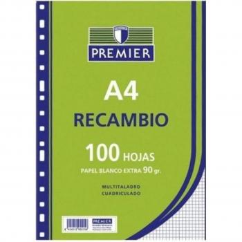 Recambio Tauro Premier A4 100 Hojas Cuadriculadas 90g/m² con 4 Taladros Pauta 46°