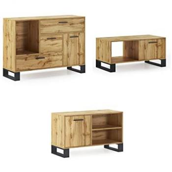 Set LOFT - Mueble Auxiliar de Salón Comedor, Buffet, Mesa Centro y Mueble TV en Color Roble Rústico - Estilo Nórdico y Diseño Moderno