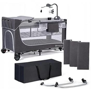 Kinderkraft LEODY ACC Cuna de viaje bebe 120 x 60 cm, con Móvil Cuna sonido juguetes, Sistema de plegado rápido y fácil, Dos alturas, Opción de mecer, con Bolsa de Transporte, Gris