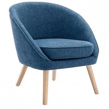 Sillón escandinavo de tela azul LINDALE con patas de madera y respaldo redondeado