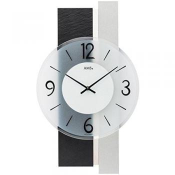 Reloj de Pared AMS W9555, Dimensiones 6cm x 40cm x 23cm, Color Plateado y Negro