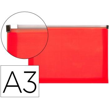 Carpeta dossier líderpapel A3 cierre de cremallera rojo translúcido