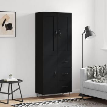 Aparador Alto Moderno Negro 69,5x34x180 cm Madera Contrachapada con 1 Puerta y 3 Cajones