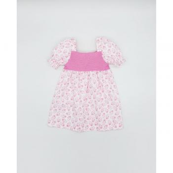Vestido Fina Ejerique estampado flor rosa con manga abullonada y cuerpo de punto fucsia