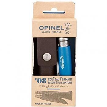 Navaja de bolsillo Opinel N°08 Azul con estuche y correa de cuero, hoja de acero inoxidable de 8.5 cm