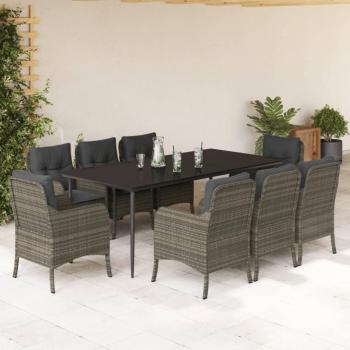 9-Piece Grey Poly Rattan Garden Dining Set with Cushions