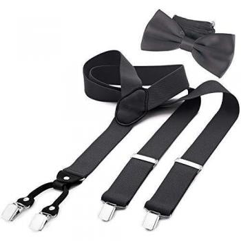 DonDon Tirantes para hombres ancho 3,5 cm en forma de Y, elásticos y ajustables en paquete de 2 con pajaritas adecuada 12 x 6 cm - Gris