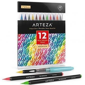 ARTEZA Caja de 12 rotuladores de pincel | Pinceles con tinta de agua | 12 colores individuales | Ideales para caligrafía y coloreado