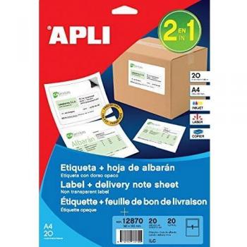 APLI 12870 - Etiquetas blancas integradas 182,0 x 120,0 mm 20 hojas