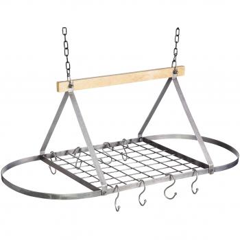 Estante de Cocina Industrial con Ganchos para Colgar Ollas y Sartenes, Diseño Vintage en Gris y Madera