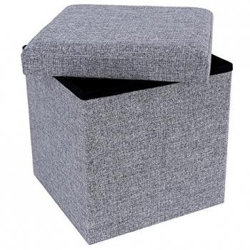 SONGMICS 38 x 38 x 38 cm Baúl Puff Taburete para almacenaje Plegable Carga máxima de 300 kg Tejido Lino Imitado Antracita LSF27H