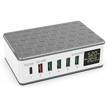 65W Cargador USB Multiple, Cargador Carga Rapida con QC 3.0 18W y Tipo C 20W Port, Universal Portatil Estaciones de Carga para Apple iPhone 13/12 Pro max/8/7/6 iPad Samsung Xiaomi Huawei etc