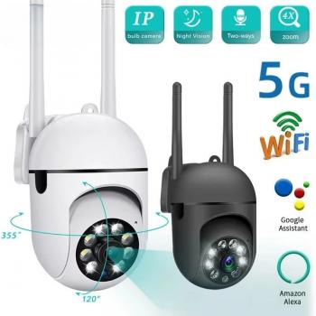 Cámara IP Inalámbrica WIFI PTZ 2.4G 5GHz con Seguimiento Automático, Zoom 4X, Visión Nocturna a Color y Tarjeta SD de 64GB (Blanca)