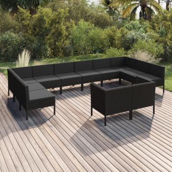 12-Piece Black Poly Rattan Garden Lounge Set with Cushions