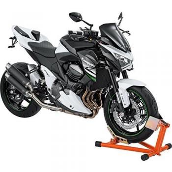 Hi-Q Tools Soporte de montaje Soporte para motocicletas Soporte de la rueda delantera Balancín, fácil aparcamiento del vehículo, ideal para el transporte, soporte fijo, color naranja, ajustable para casi todos los tamaños de ruedas/neumáticos