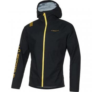 Chaqueta de trail La Sportiva Pocketshell negra para hombre con capucha, color negro y amarillo, talla S