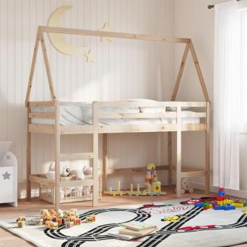 Cama alta con escalera y techo 90x200 cm de madera maciza de pino