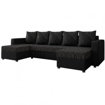 Sofá rinconero Memphis 121, negro, con función de descanso y caja de ropa de cama, dimensiones 308x139x83cm