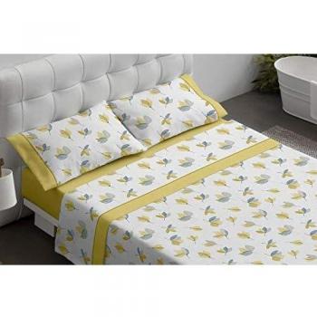 Burrito Blanco Juego de Sábanas 481 con un Diseño de Hojas y Bajera Lisa para Cama Individual de 90x190 hasta 90x200 cm/Juego de Cama 90, Color Mostaza